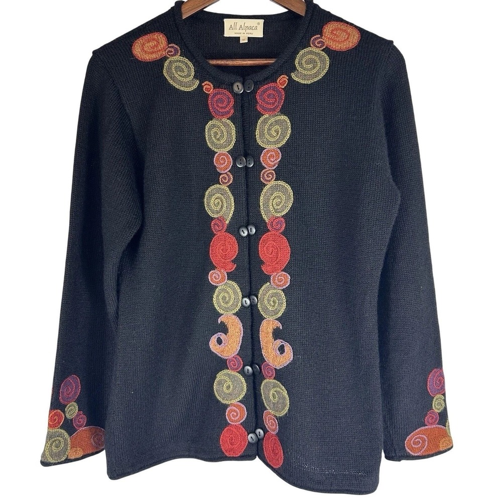 All Alpaca Cardigan Sweater Women M Black‎ Embroidered Art To Wear Peru Boho
